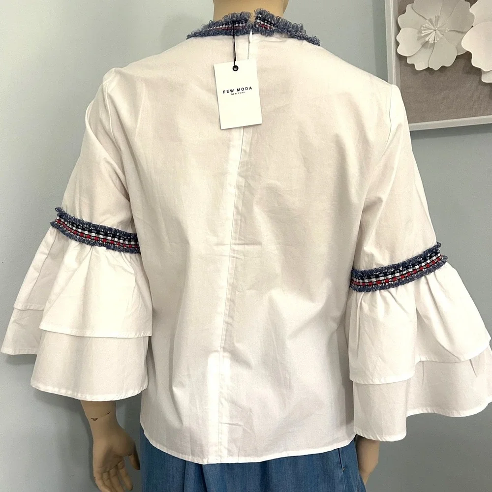 Few Moda White Ruffle Sleeve Boho Top‎ Cotton Blouse Small New - Picture 5 of 10